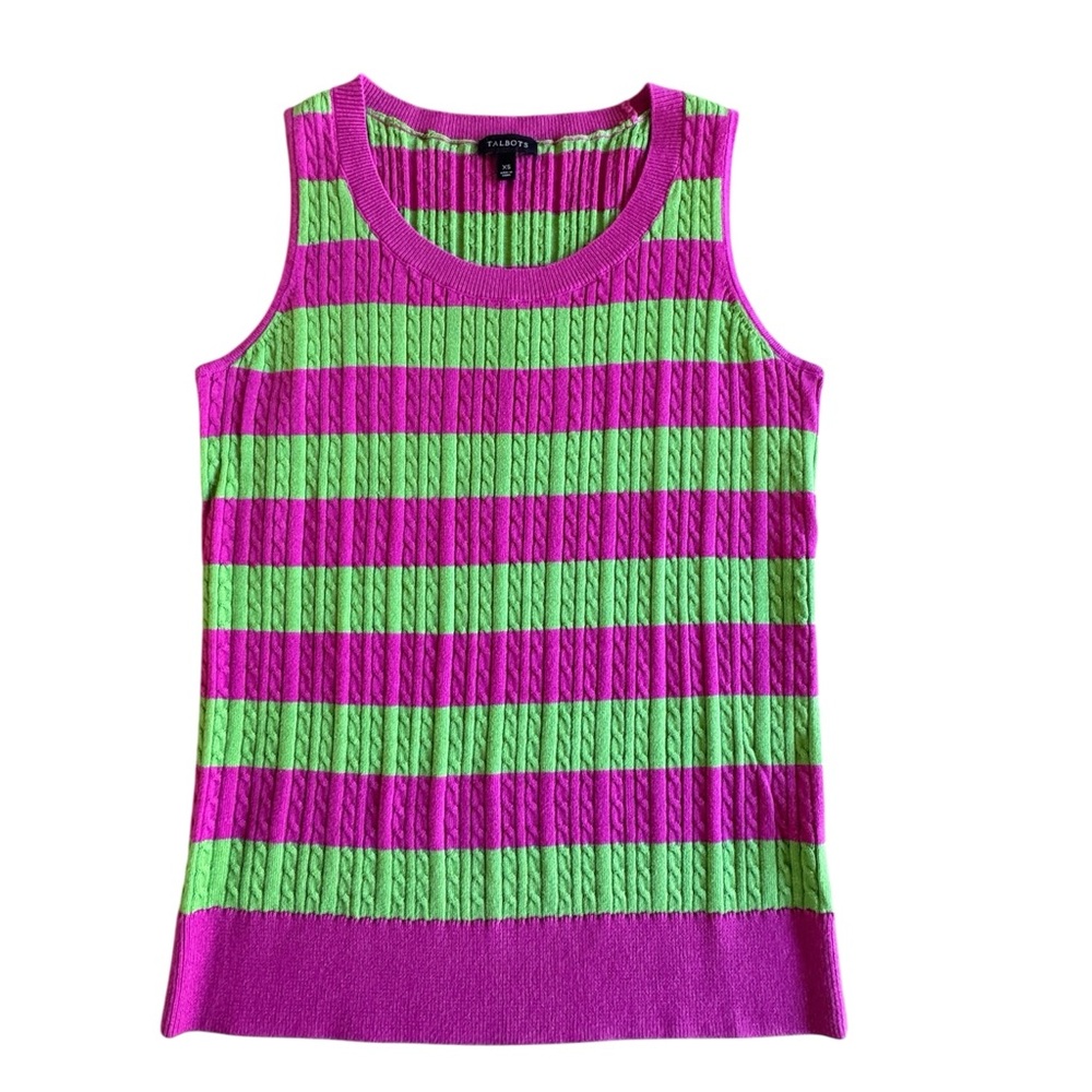 Talbots Pink and Green Striped Crew Neck Sweater Tank Bold Stripes Women…